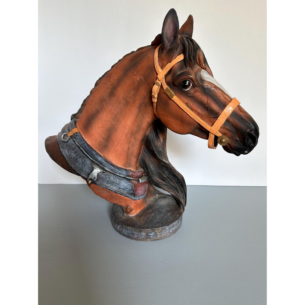 Vintage 14” Horse Head Statue Brown w Black Mane & White Heart Spot Between Eyes
